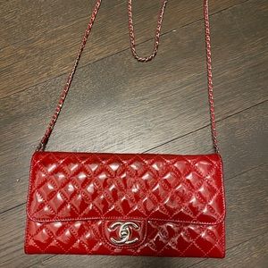 CHANEL Patent Quilted Wallet On Chain WOC Red